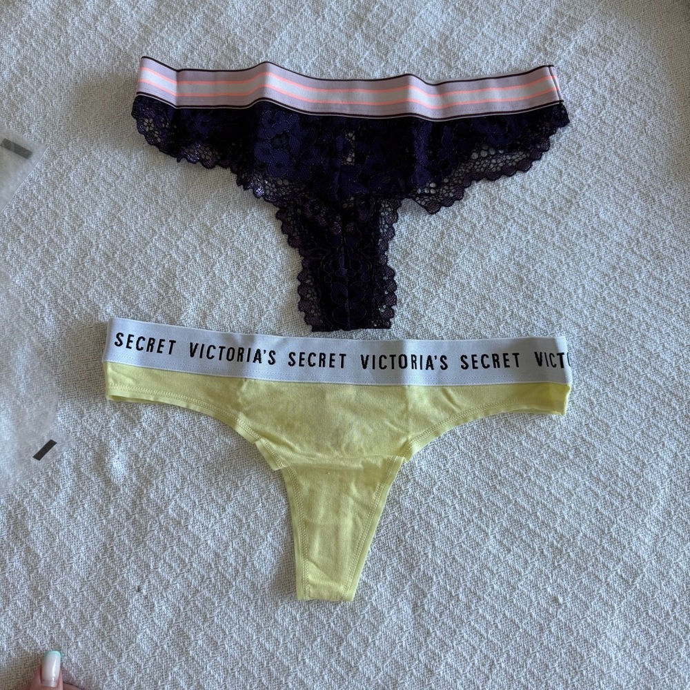 Victoria's Secret Purple Lace and Yellow Cotton Thong Set